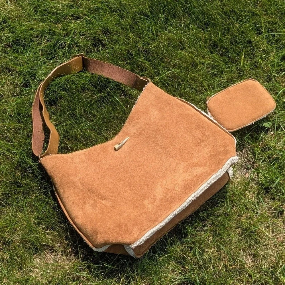 Y2K Boho GAP Faux Shearling Hobo Purse & Coin Purse Set Tan Faux Suede Hippie